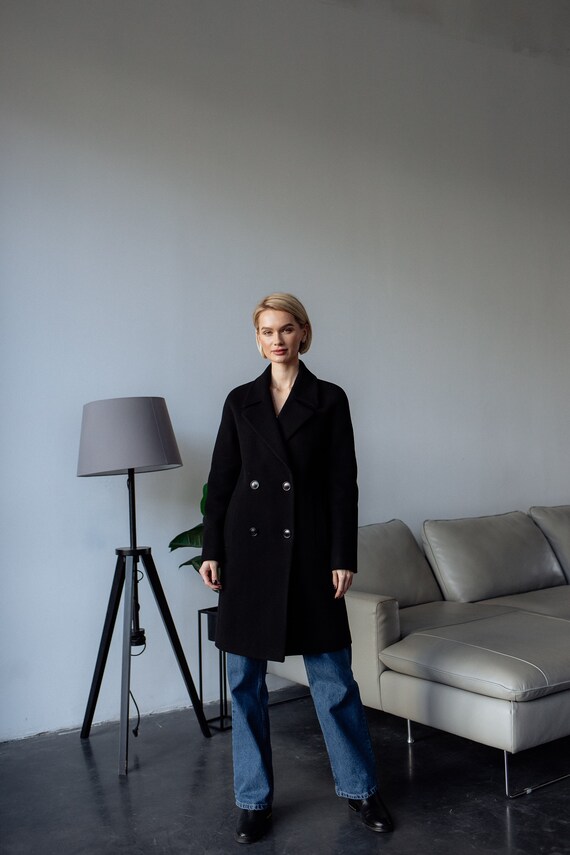 Women's Wool Coat Short Black Peacoat 