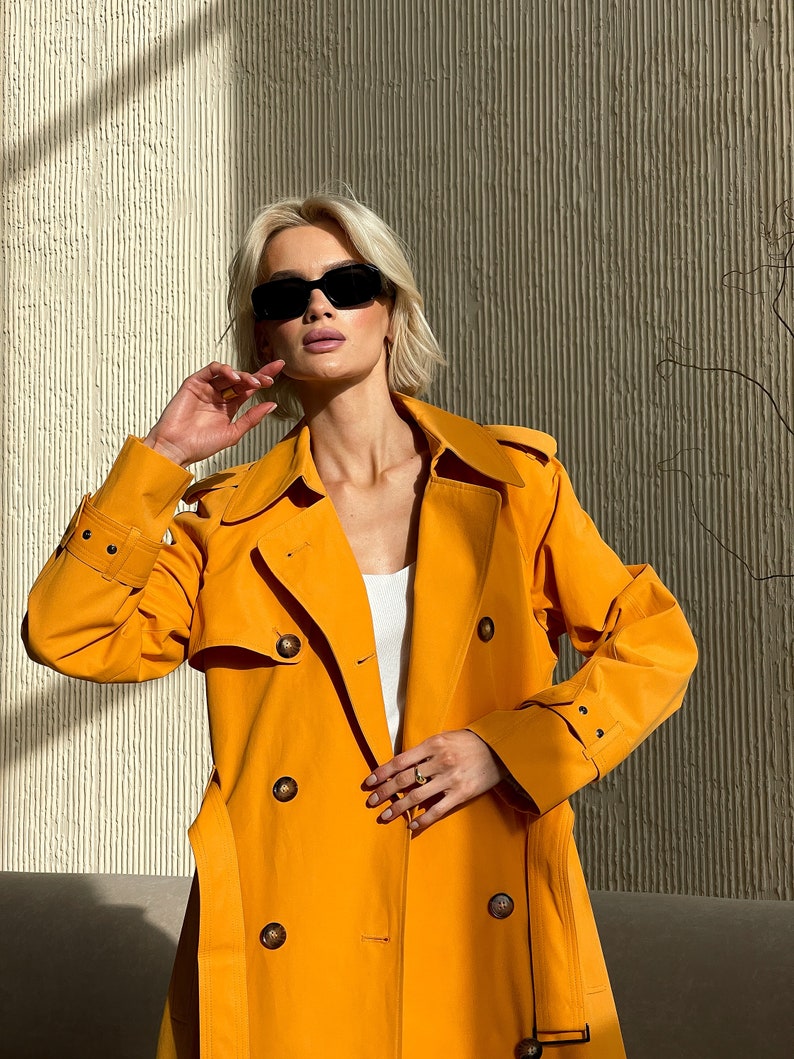 Yellow orange trench coat, Waterproof trench coat, Spring trench coat, Cotton trench, Lined jacket, Oversized coat, Long trench coat