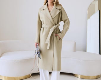 Light Beige Cashmere Wool Coat, Long Taupe 100% Pure Wool