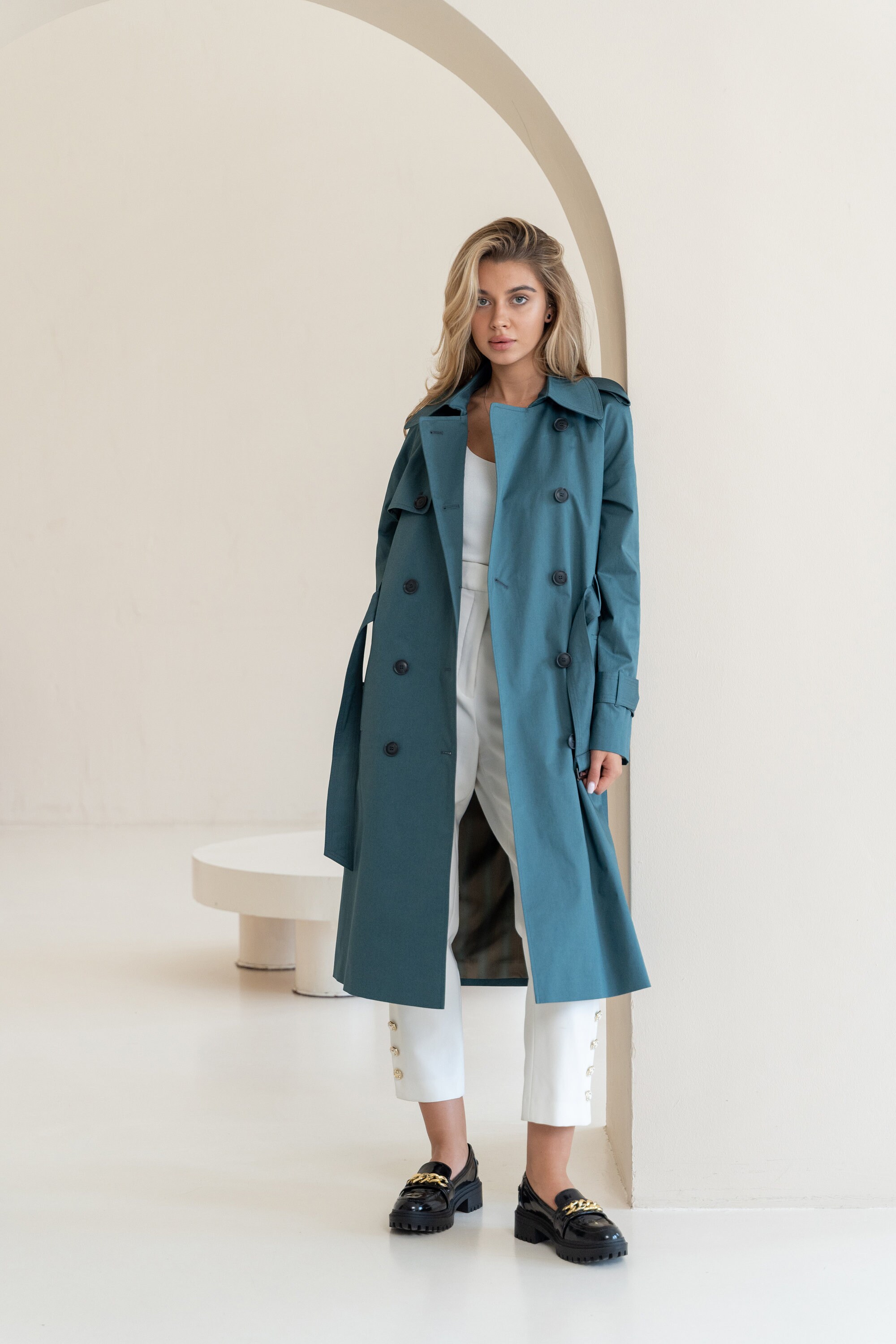 Deep Teal Trench Coat, Blue-green Oversized Fall Spring Coat, Long