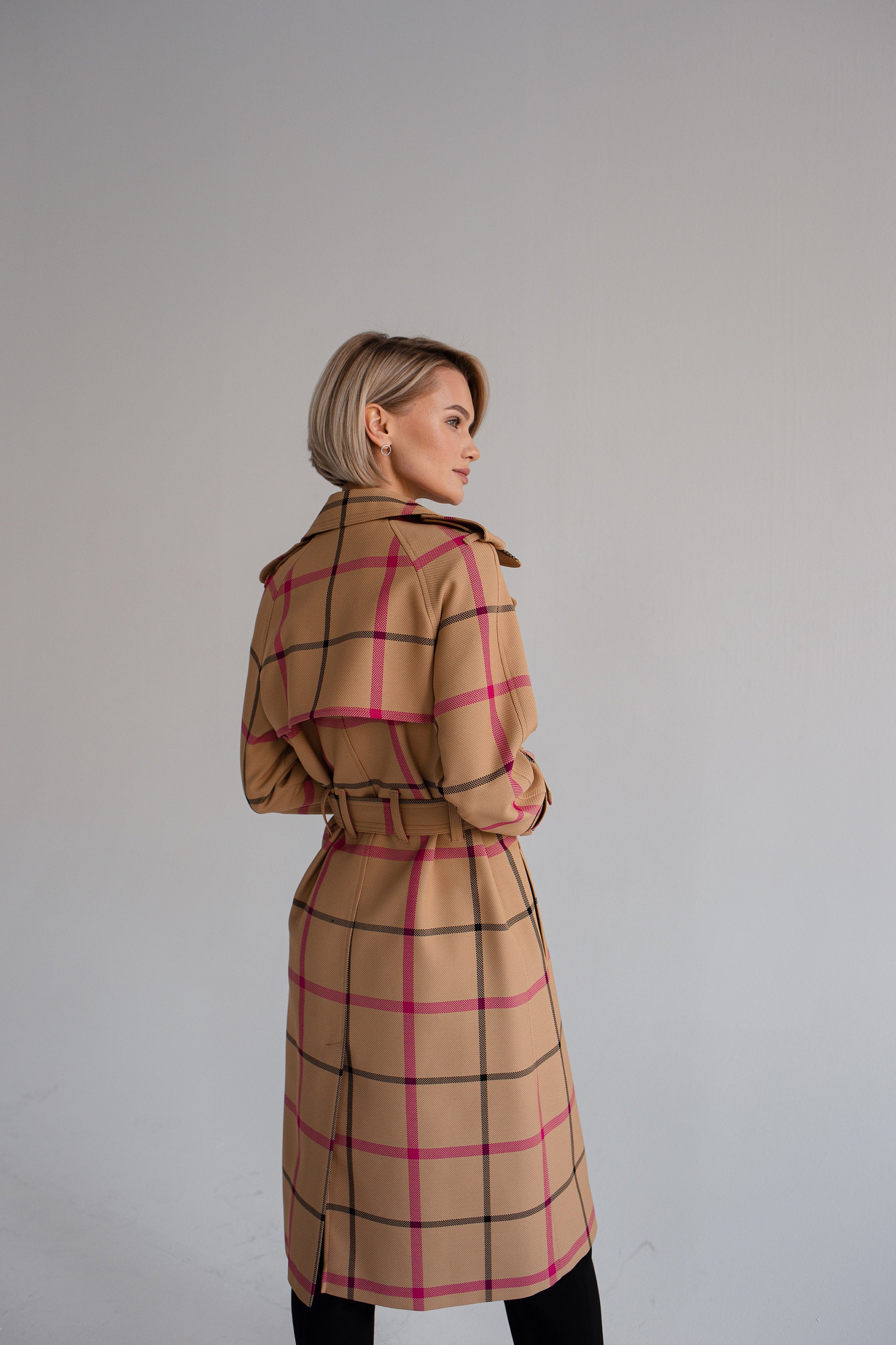Trench coat women plaid trench coat Beige / pink / black Etsy