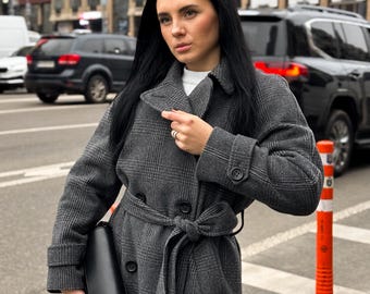 Gray Plaid Wool Coat, Long Maxi Wrap Coat, Lined Warm Winter