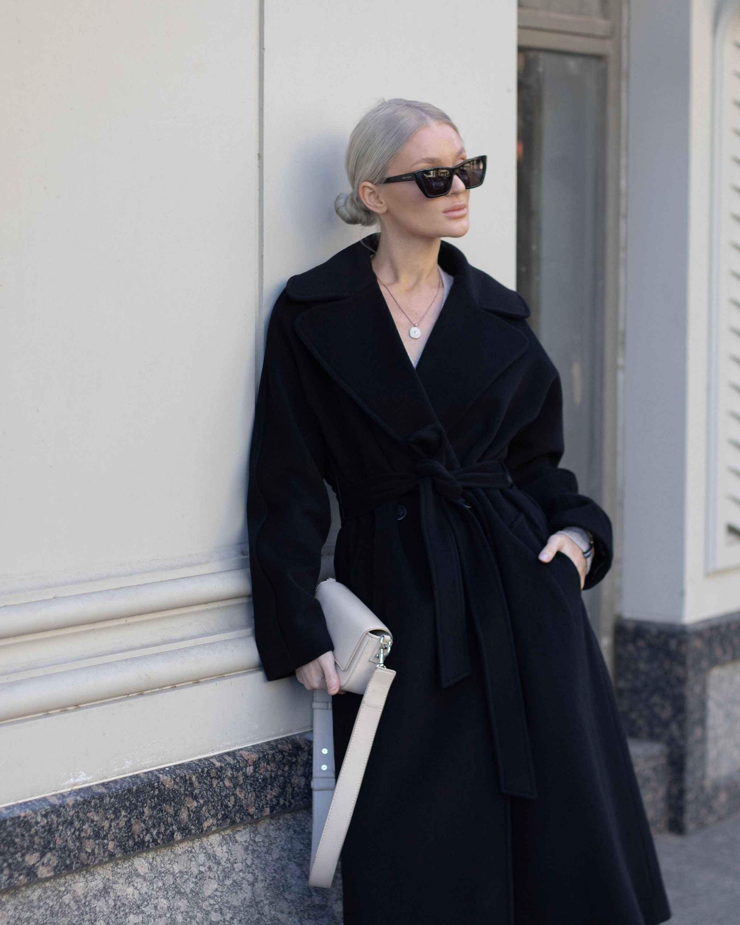 Black Wrap Cashmere Wool Coat, Soft Luxury Wool Coat, Long Winter