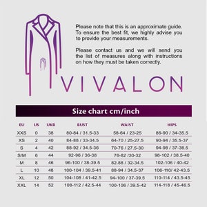 May include: Size chart for clothing in UK, Ukr, and EU sizes. The chart shows bust, waist, and hip measurements in centimetres and inches for sizes XXS to XXL.