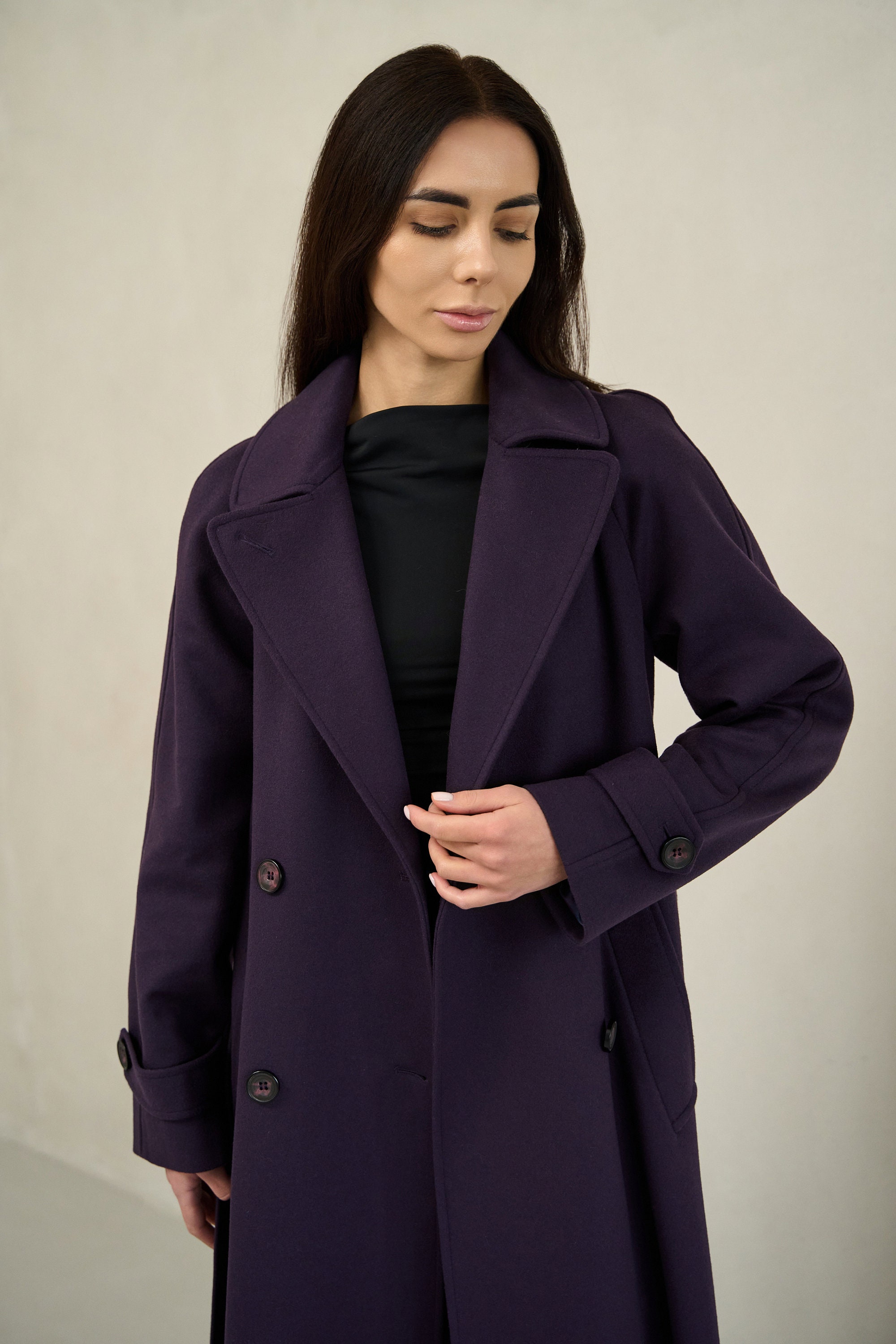 Long Purple Wrap Wool Coat, Lined Warm Winter Overcoat, Dark