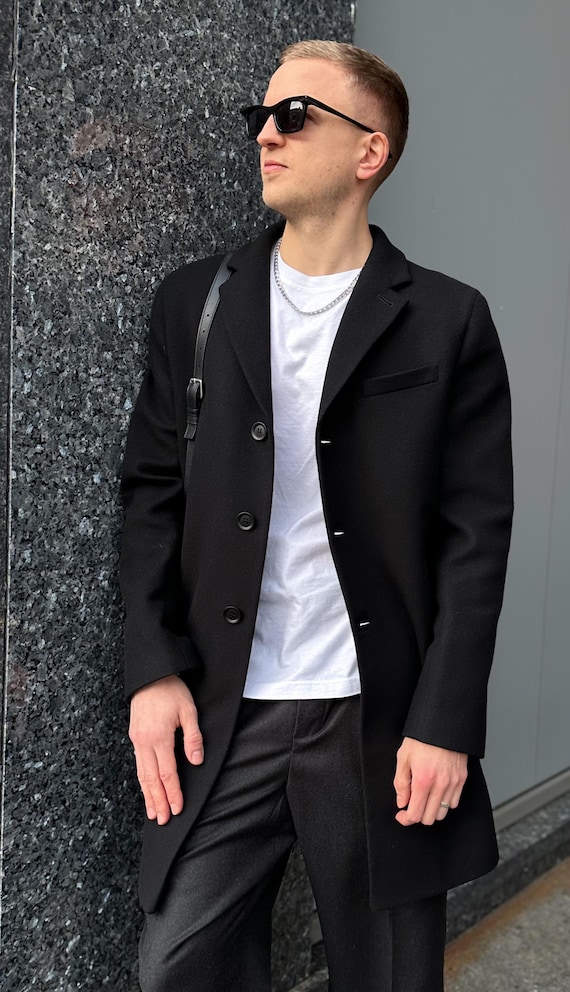 Men's Black Wool Coat, Single-breasted Overcoat, Classic Mid