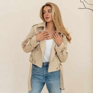 Cropped beige cotton trench coat, Sand mini trench coat, Waist length spring summer jacket, Lined oversized jacket with belt