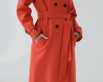 Orange Wool Trench Coat, Bright Orange Long Wool Coat Women