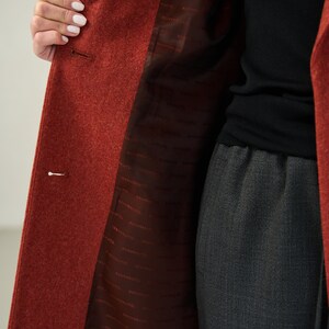 Terracotta long wool coat, Single-breasted rust power shoulder overcoat, Oversized fall coat, Boyfriend burnt orange red winter coat