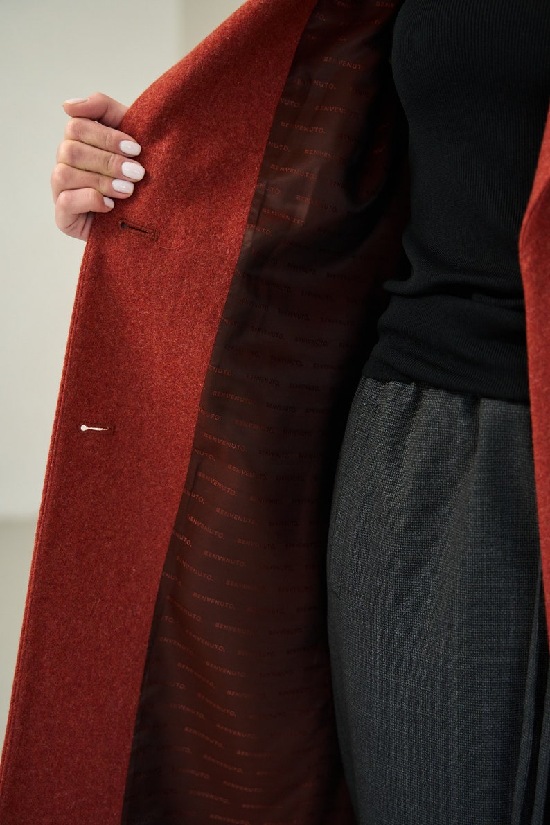 Terracotta long wool coat, Single-breasted rust power shoulder overcoat, Oversized fall coat, Boyfriend burnt orange red winter coat