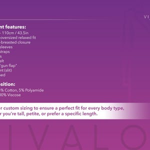 May include: A purple and white text description of a garment's features and composition. The text includes details like length, fit, closure, sleeves, and fabric content. The text also mentions custom sizing options.