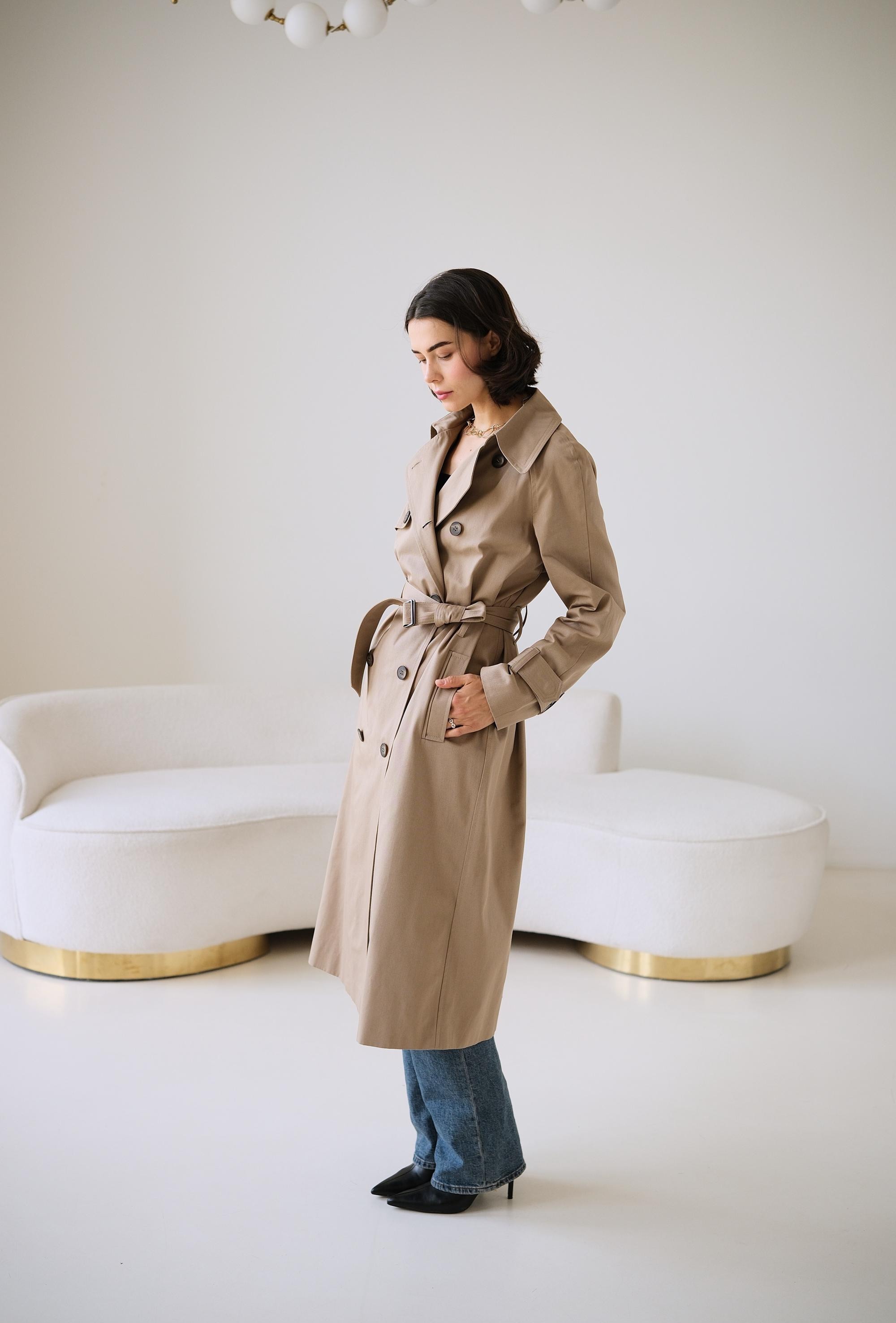 Light Sand Brown Cotton Trench Coat, Taupe Maxi Trench Coat, Fall