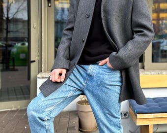 Men's Charcoal Gray Wool Coat, Single-breasted Overcoat With Stand