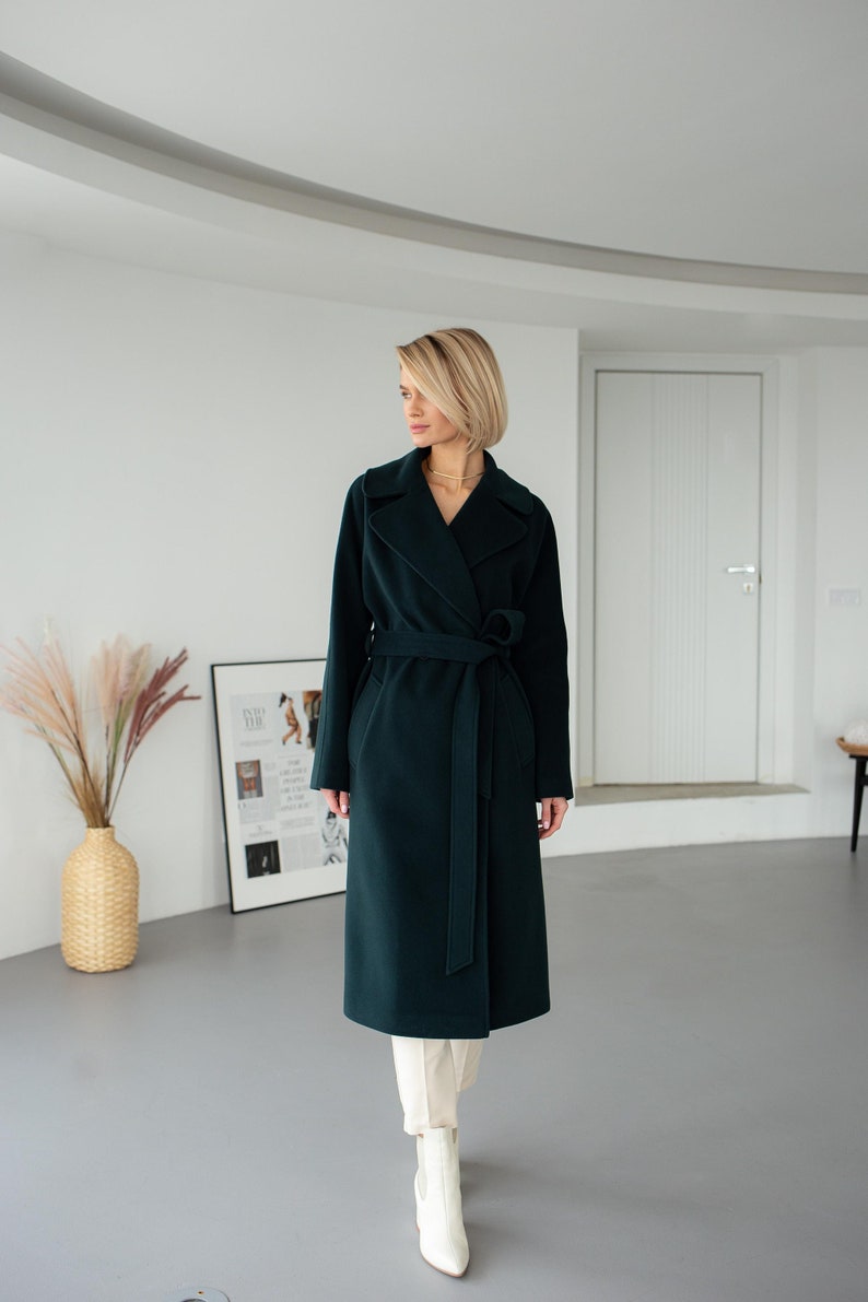 Long dark green wool coat, Emerald green overcoat, Lined fall winter coat, Double breasted wrap coat with belt /Jaklin image 1