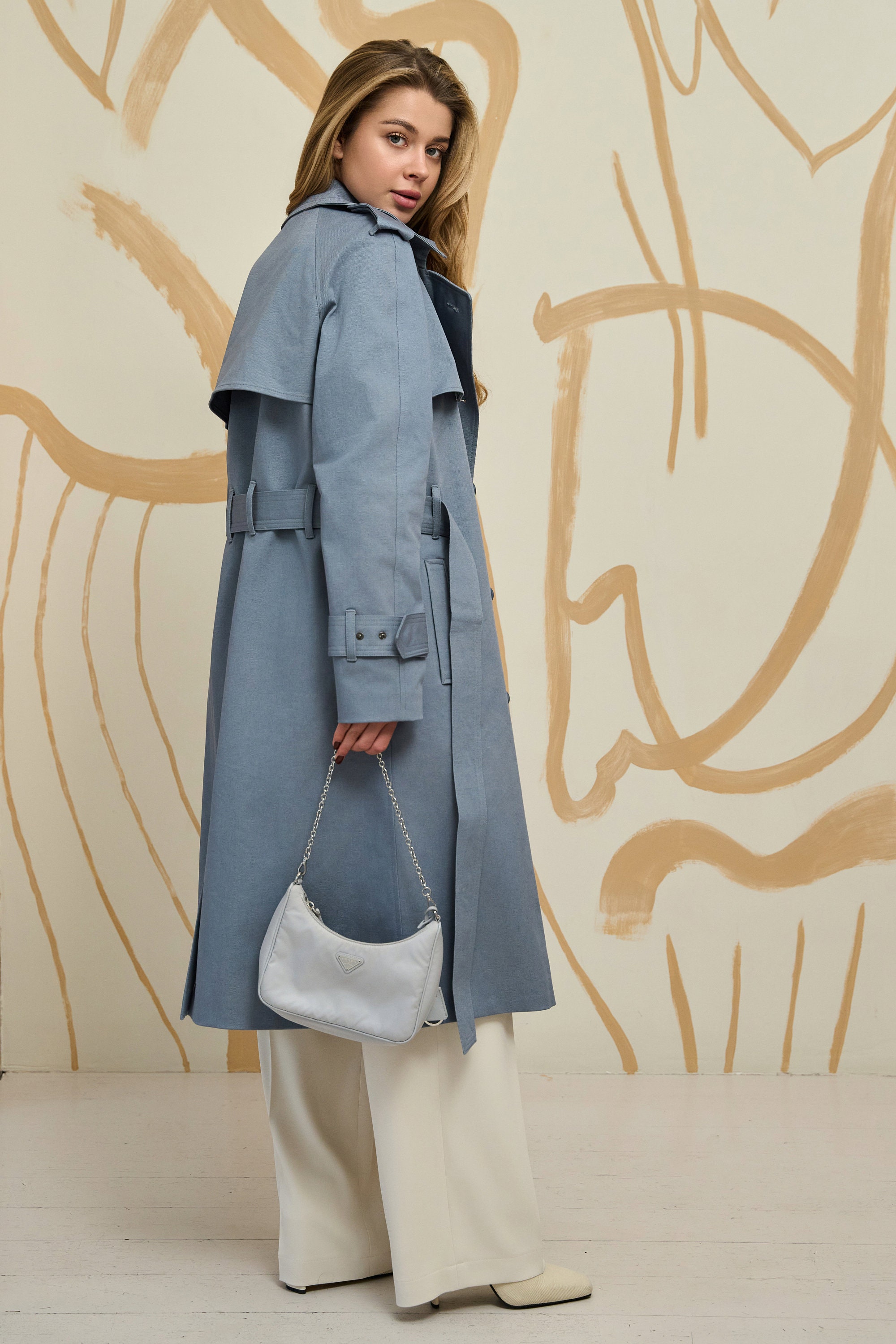 Denim Blue Cotton Trench Coat, Pale Blue Trench Coat, Long