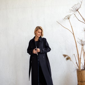 Black wool trench coat, Wool coat women, Winter trench coat, Warm winter coat, Oversized with belt, Raglan overcoat, Lined coat