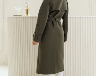 Forest Green Wool Trench Coat, Long Winter Coat, Wool Coat Women