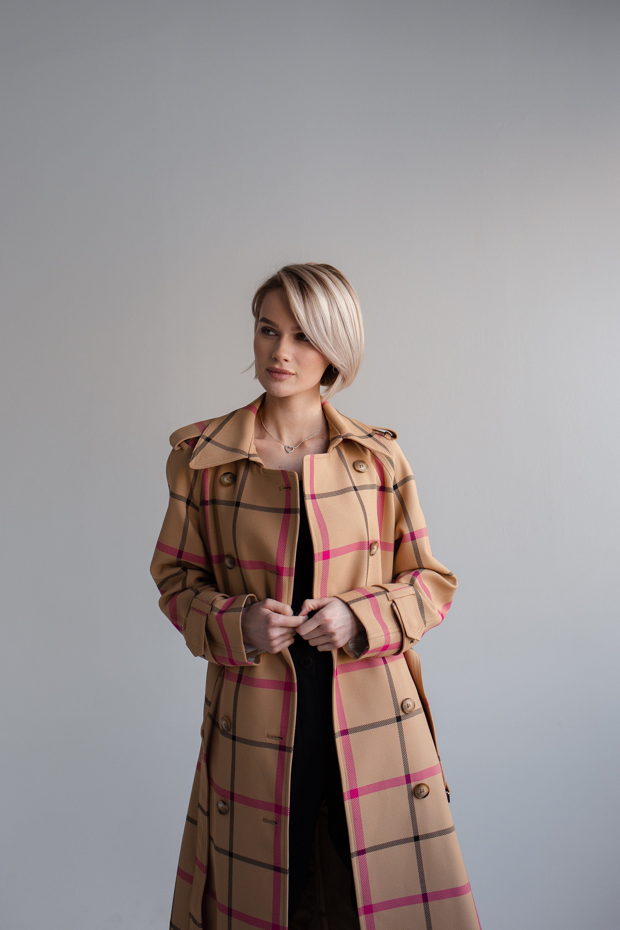 Trench coat women plaid trench coat Beige / pink / black Etsy