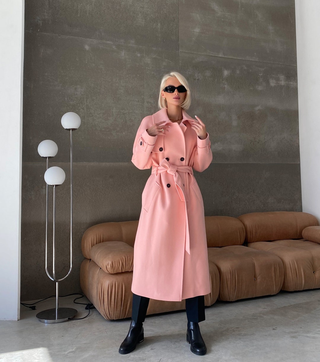 Light Pink Wool Trench Coat, Blush Long Overcoat With Belt, Lined Warm