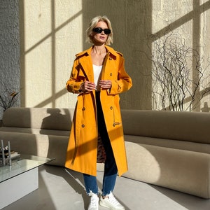 Yellow orange trench coat, Waterproof trench coat, Spring trench coat, Cotton trench, Lined jacket, Oversized coat, Long trench coat