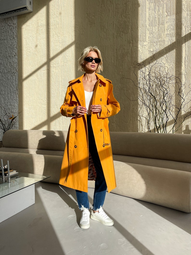 Yellow orange trench coat, Waterproof trench coat, Spring trench coat, Cotton trench, Lined jacket, Oversized coat, Long trench coat