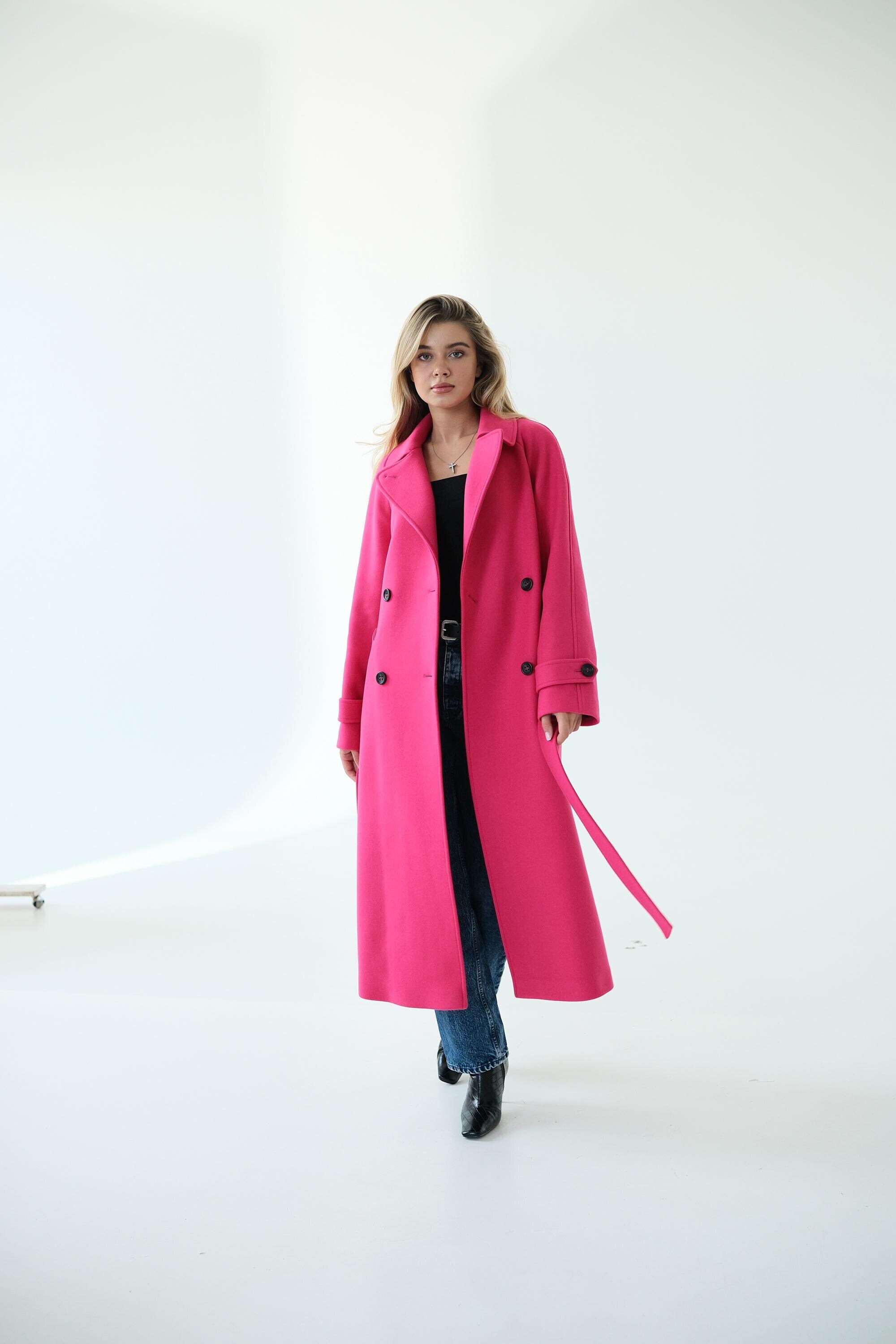 Hot Pink Maxi Wool Blend Coat With Cashmere, Oversized Fuchsia A