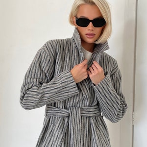 Striped gray wool coat, Wool Coat women, Lined fall winter coat, Single-breasted overcoat, Long oversized jacket, Drop shoulder coat /Alya image 8