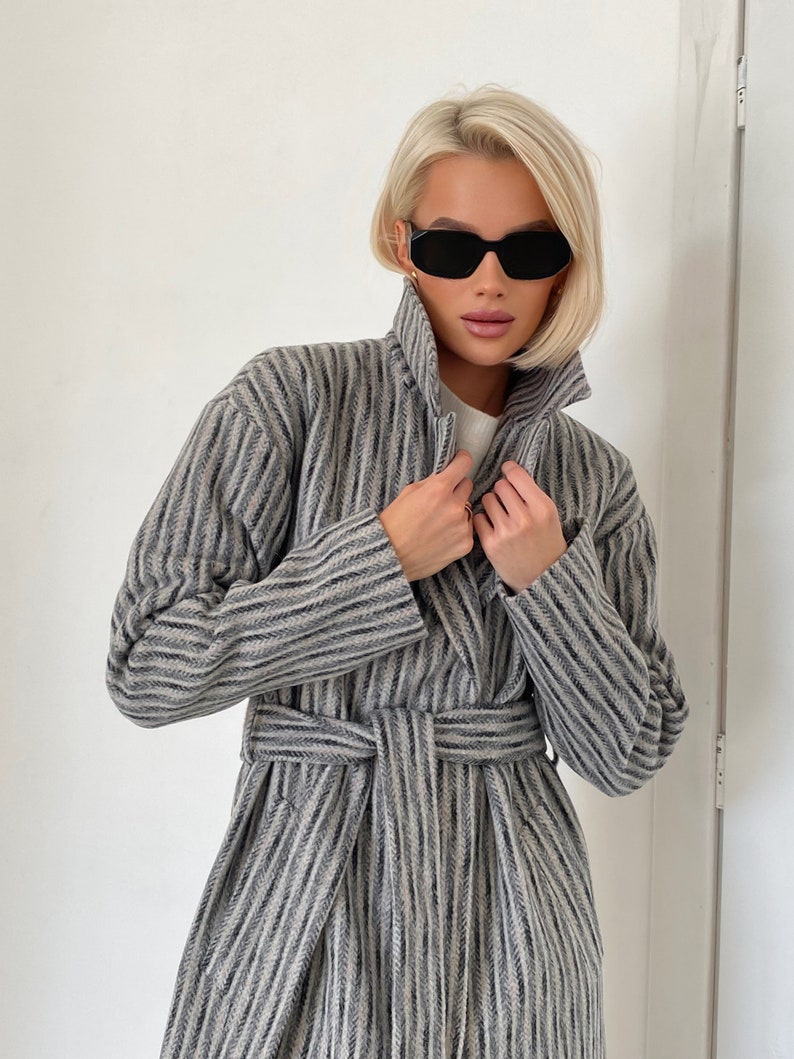 Striped gray wool coat, Wool Coat women, Lined fall winter coat, Single-breasted overcoat, Long oversized jacket, Drop shoulder coat /Alya image 8