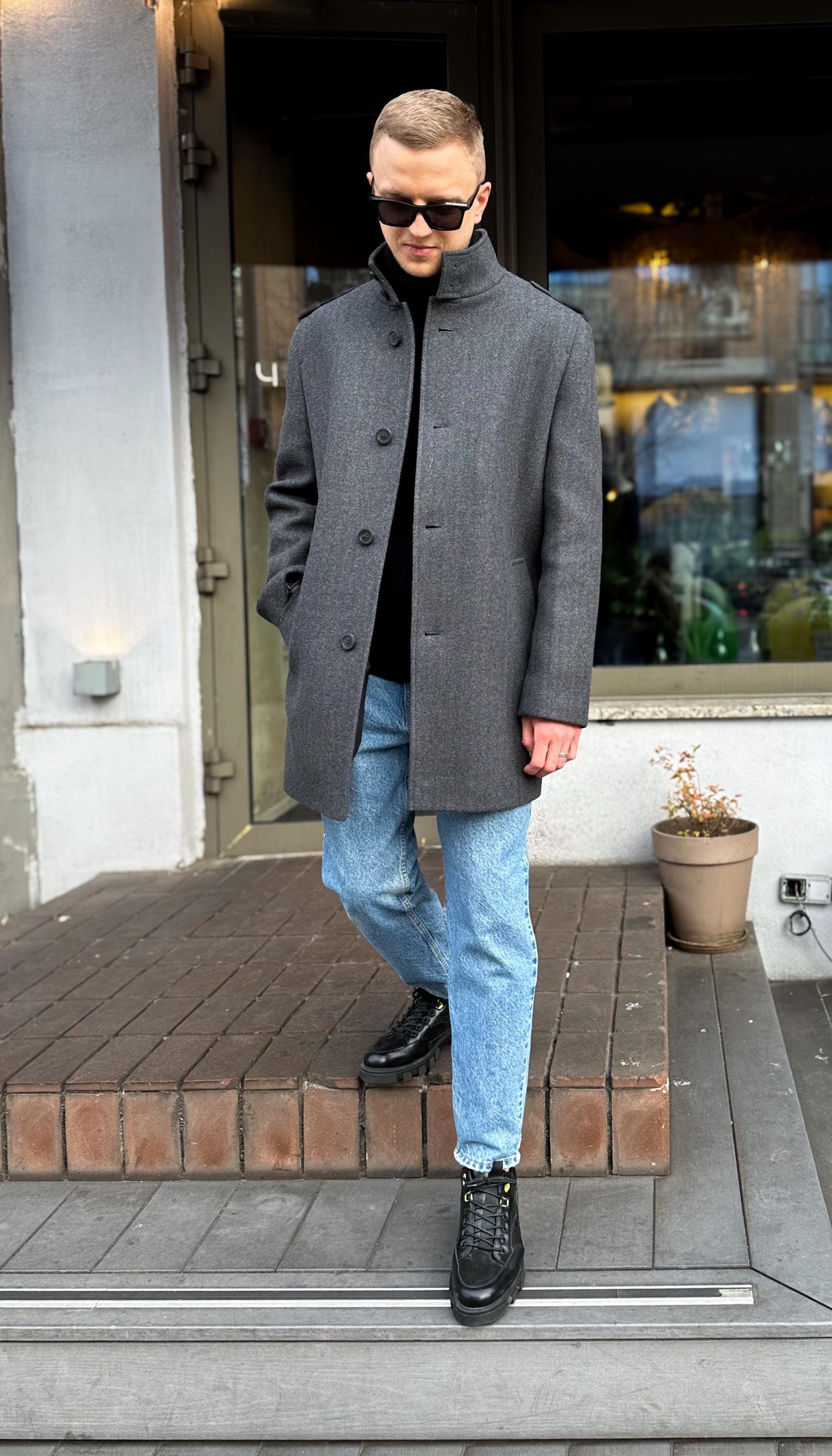Men's Charcoal Gray Wool Coat, Single-breasted Overcoat With Stand