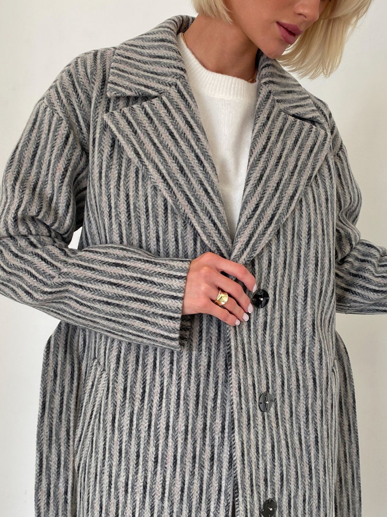 Striped gray wool coat, Wool Coat women, Lined fall winter coat, Single-breasted overcoat, Long oversized jacket, Drop shoulder coat /Alya image 3