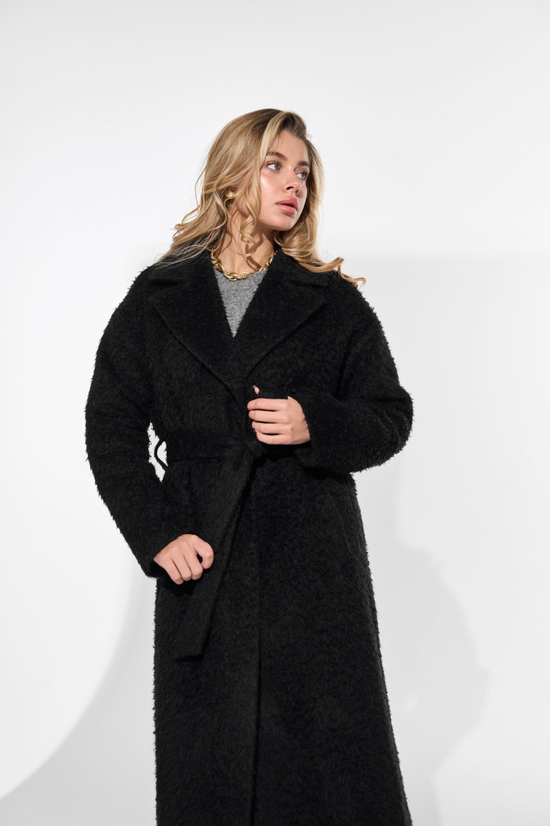 Black alpaca wool coat, Warm lined winter coat, Long single-breasted overcoat,Luxury heavyweight 100% alpaca wool blend coat with belt /Alya image 6