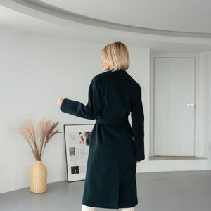 Long dark green wool coat, Emerald green overcoat, Lined fall winter coat, Double breasted wrap coat with belt /Jaklin image 6