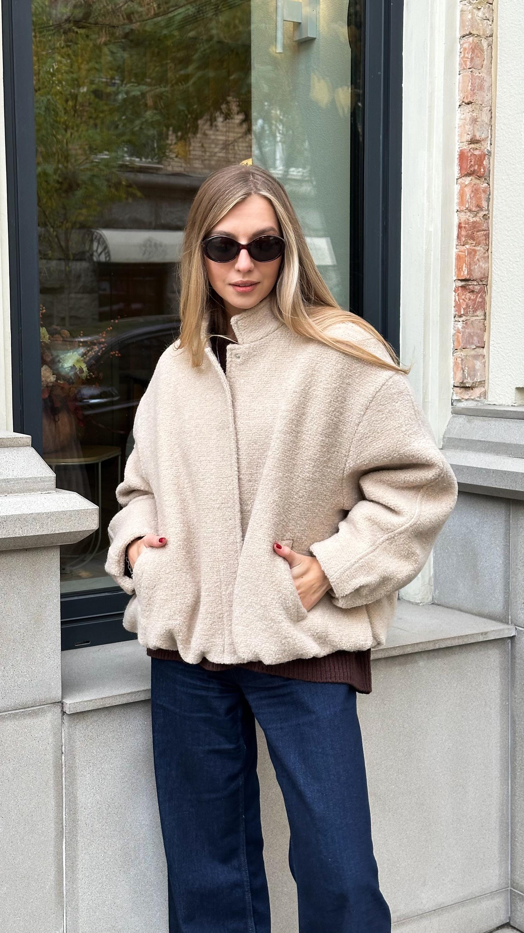 Beige Boucle Wool Jacket - Cream Oversized 100% Woolen Bomber - Etsy