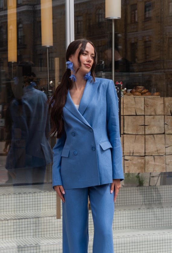 Sky Blue Lightweight Linen Suit, Double-breasted Fitted Blazer