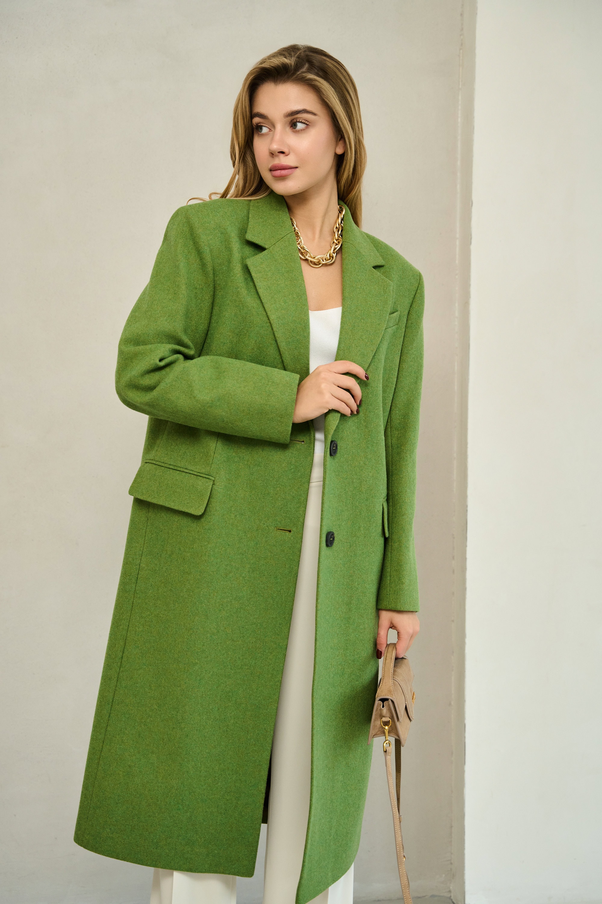 Grass Green Long Wool Coat, Single-breasted Power Shoulder