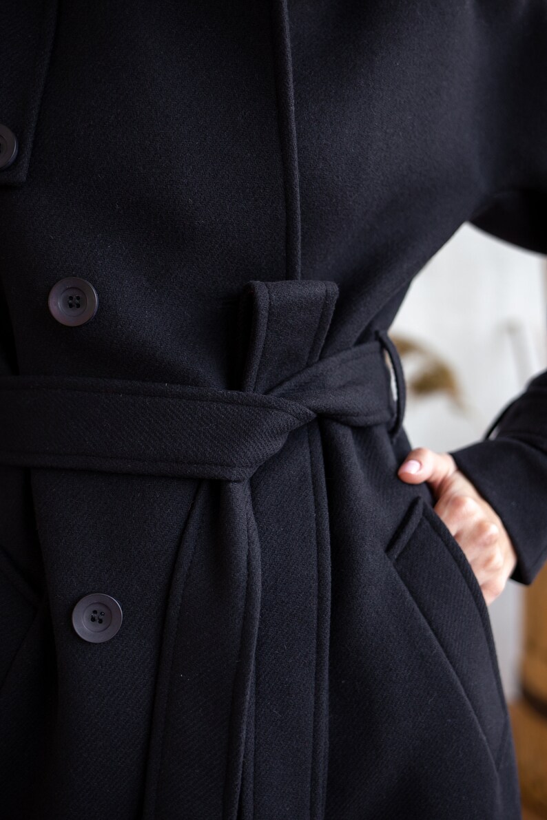 Black wool trench coat, Wool coat women, Winter trench coat, Warm winter coat, Oversized with belt, Raglan overcoat, Lined coat