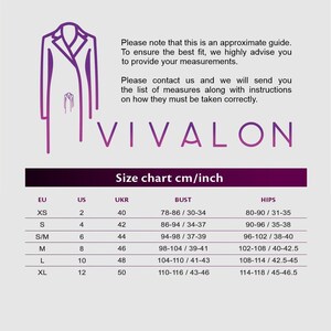 May include: Size chart for clothing in UK, EU, and US sizes. The chart shows bust and hip measurements in centimetres and inches.
