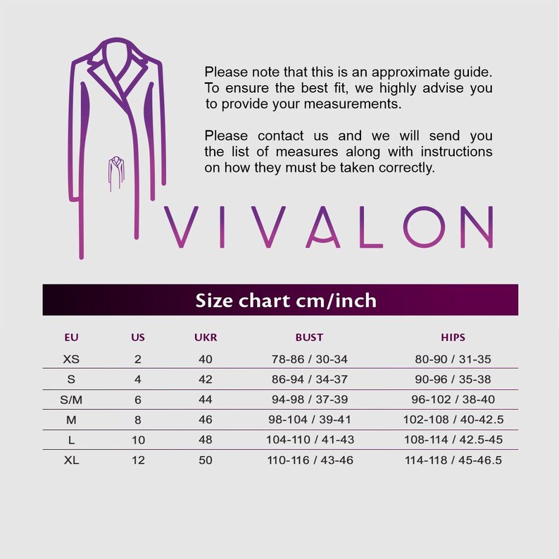 May include: Size chart for clothing in UK, EU, and US sizes. The chart shows bust and hip measurements in centimetres and inches.