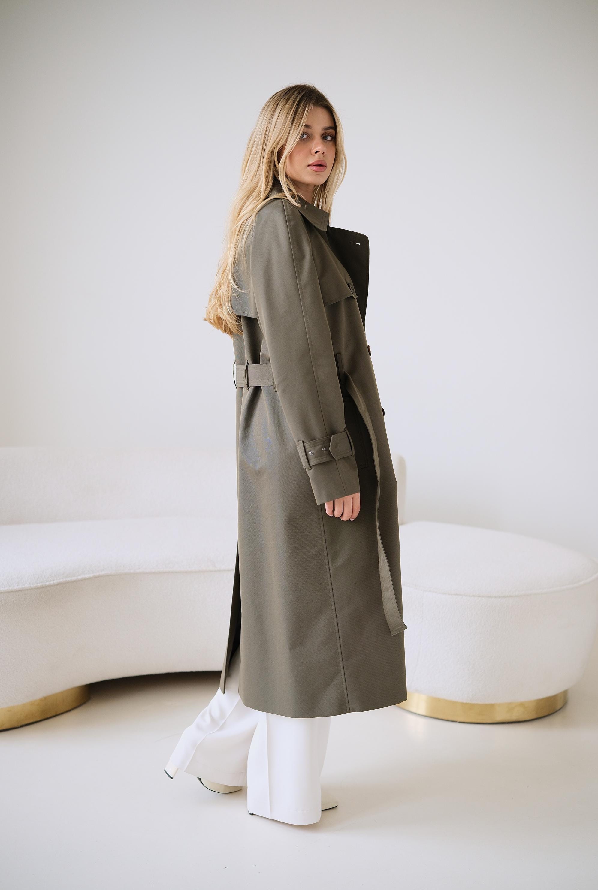 Khaki Green Maxi Trench Coat, Olive Sage Green Trench Coat, Long