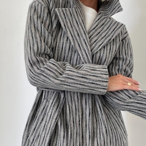 Striped gray wool coat, Wool Coat women, Lined fall winter coat, Single-breasted overcoat, Long oversized jacket, Drop shoulder coat /Alya image 6