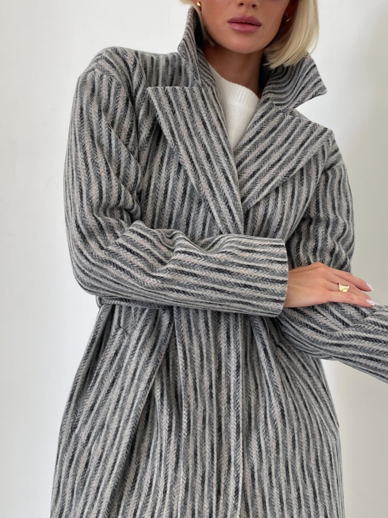 Striped gray wool coat, Wool Coat women, Lined fall winter coat, Single-breasted overcoat, Long oversized jacket, Drop shoulder coat /Alya image 6