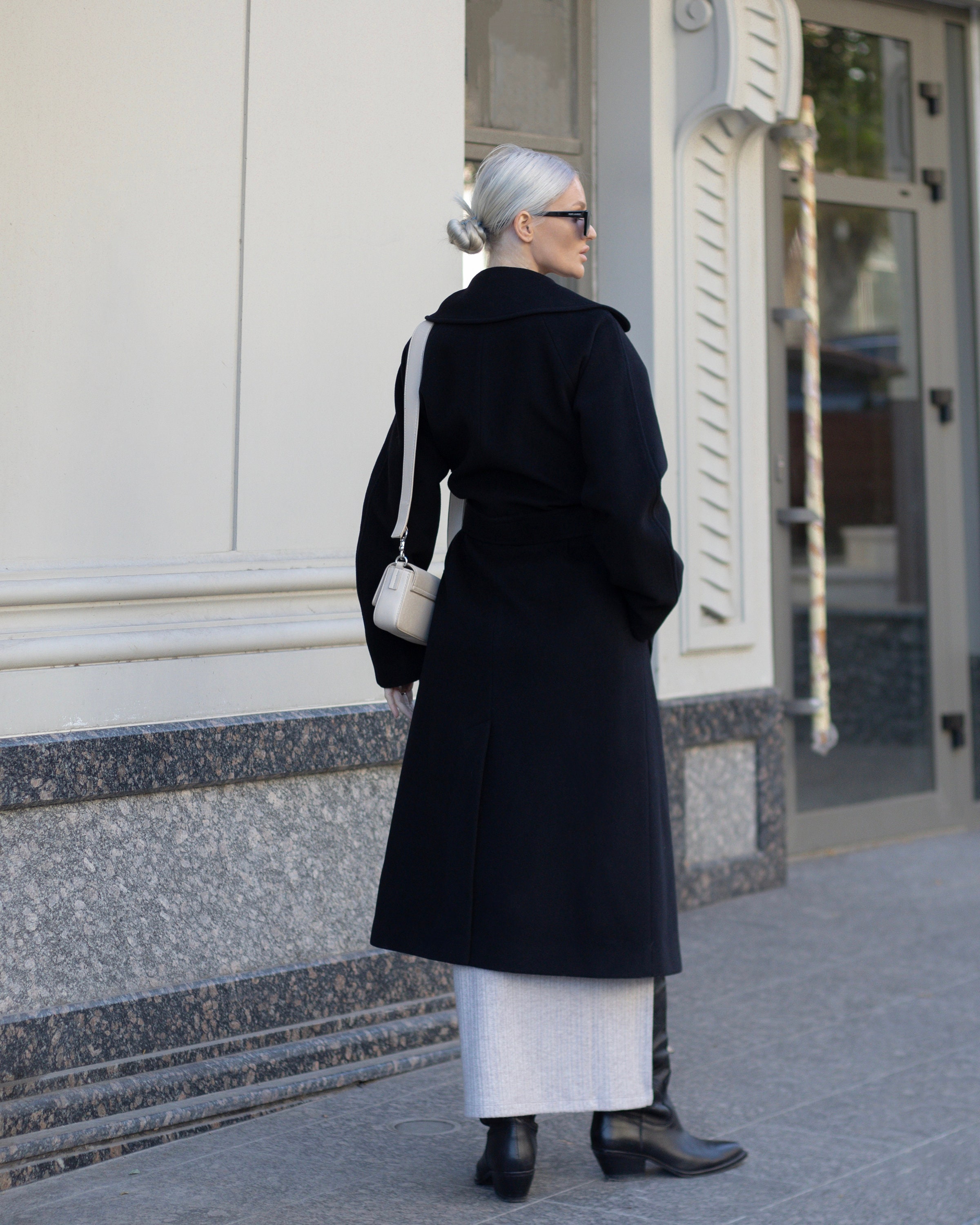 Soft Black Wool Blend Coat With Cashmere, Luxury Wrap Wool Coat