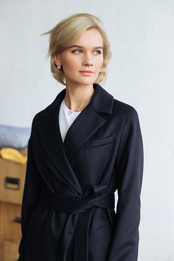 Navy Cashmere Coat Wool Coat Women Drop Shoulder Coat Warm Winter Coat Knee Length Overcoat Fall Overcoat With Belt Lined Coat slava1 Etsy