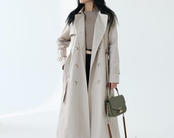 Long cotton trench coat in pearl white