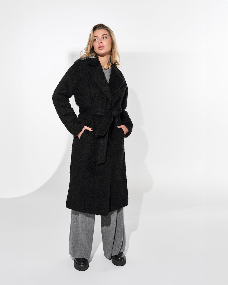 Black alpaca wool coat, Warm lined winter coat, Long single-breasted overcoat,  Luxury heavyweight alpaca coat with belt