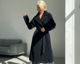 Alpaca Wool Coat, Wool coat women, Black alpaca coat, Warm Winter Coat, Lined coat, Black wool coat, Long coat with belt / Alya