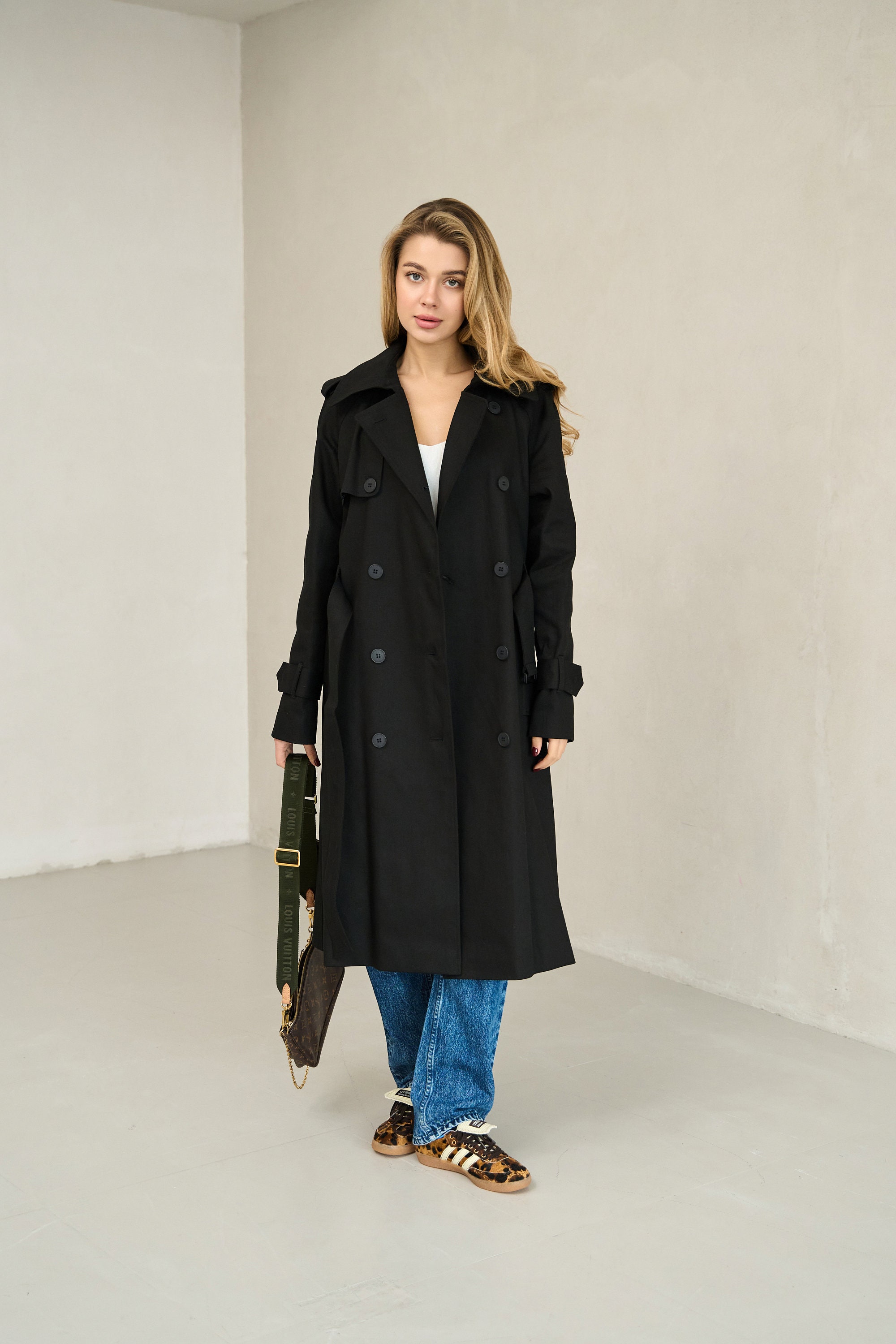 Black Cotton Trench Coat, Long Trench Overcoat, Fall Spring Jacket