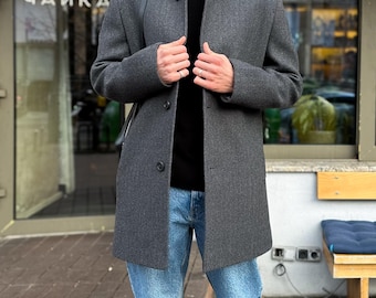 Men's Charcoal Gray Wool Coat, Single-breasted Overcoat With Stand