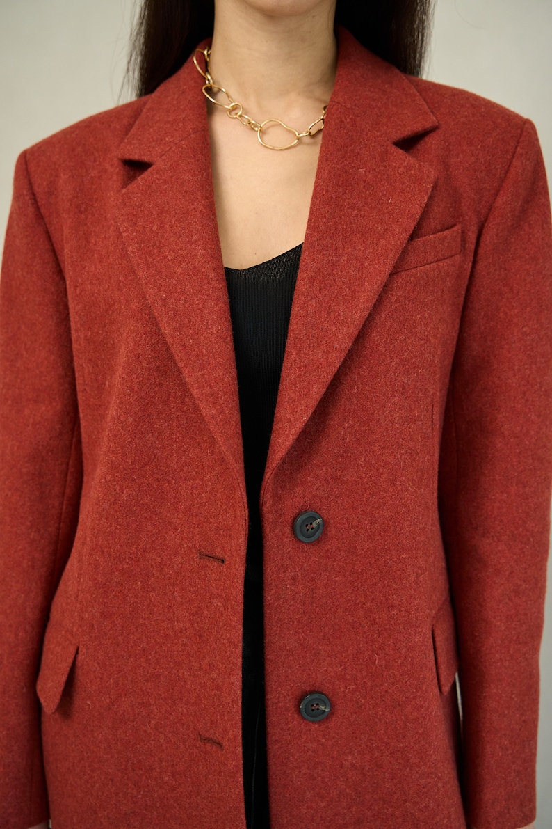 Terracotta long wool coat, Single-breasted rust power shoulder overcoat, Oversized fall coat, Boyfriend burnt orange red winter coat