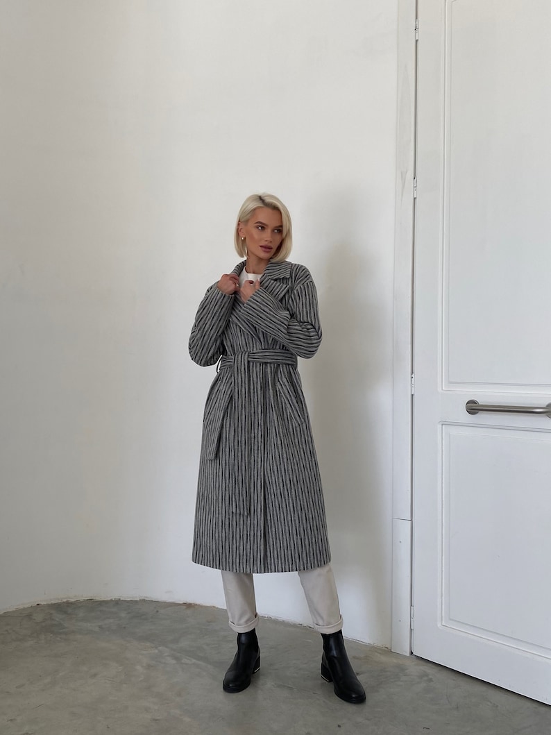 Striped gray wool coat, Wool Coat women, Lined fall winter coat, Single-breasted overcoat, Long oversized jacket, Drop shoulder coat /Alya image 1